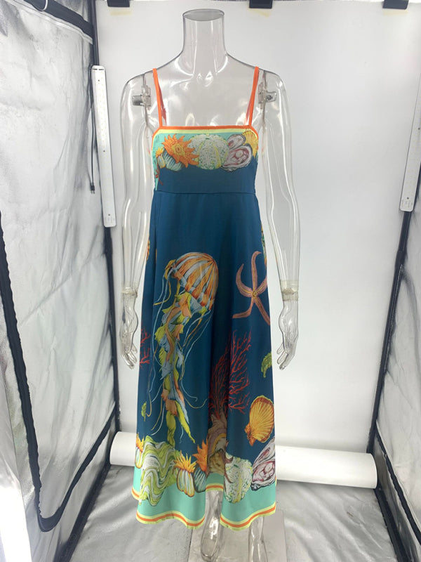 Blue dress with sea life body print from New holiday swing graffiti cotton and linen suspender dress
