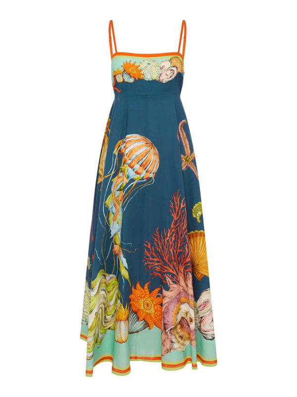 Blue dress with sea life body print from New Holiday Swing Graffiti Cotton and Linen Sleeveless Suspender Dress