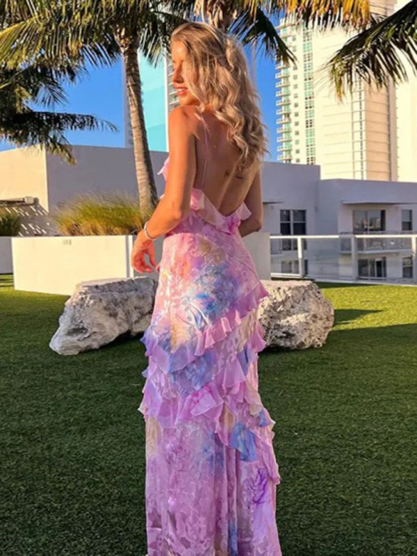 Floral ruffled maxi dress with wavy edge detailing from the New Holiday Suspender Dress collection