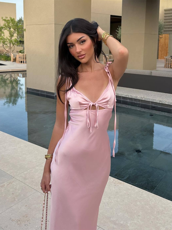 New hollow design satin texture suspender dress - Pink / S