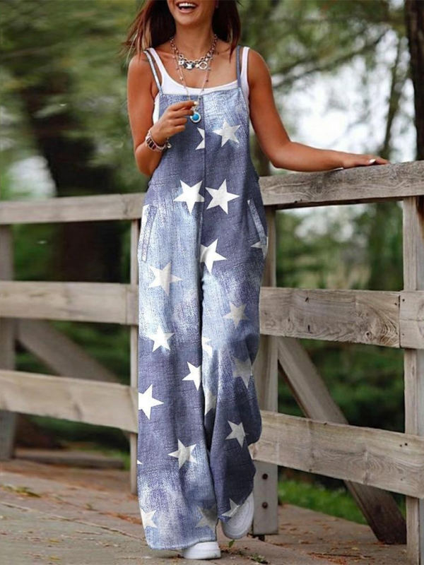 New Independence Day Star Print Suspender Jumpsuit - Blue / S