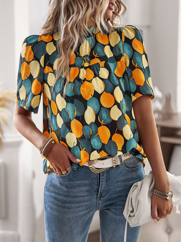 New irregular printing women’s short-sleeved shirt - Green / S