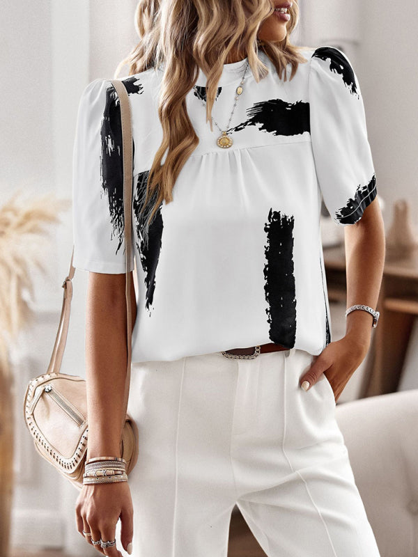 New irregular printing women’s short-sleeved shirt - White / S