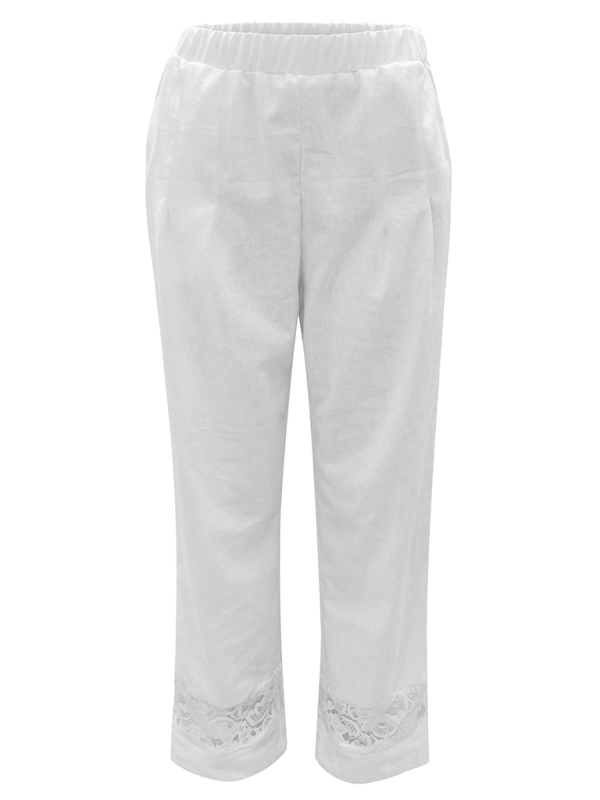 White cropped pants with elastic waistband featuring lace spliced button detail for women