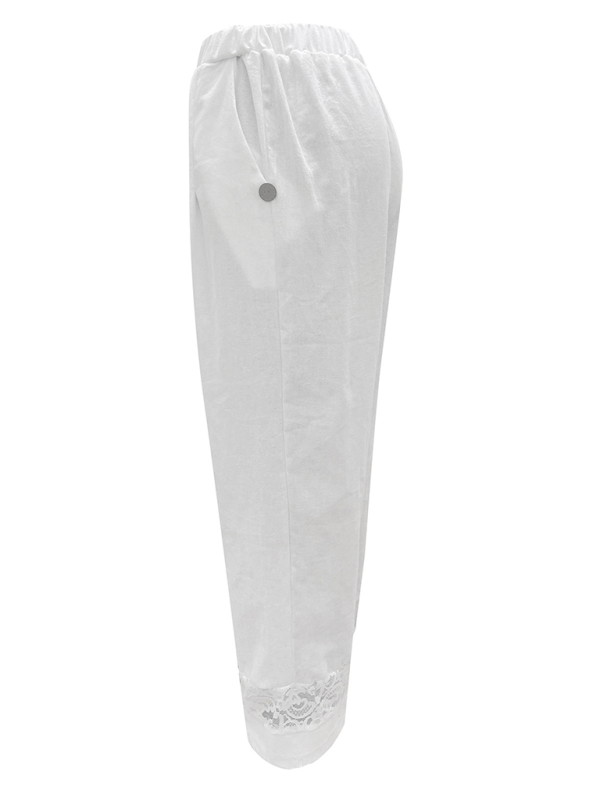White cotton pants with lace spliced button detail from New Lace Spliced Button Elastic Waist collection