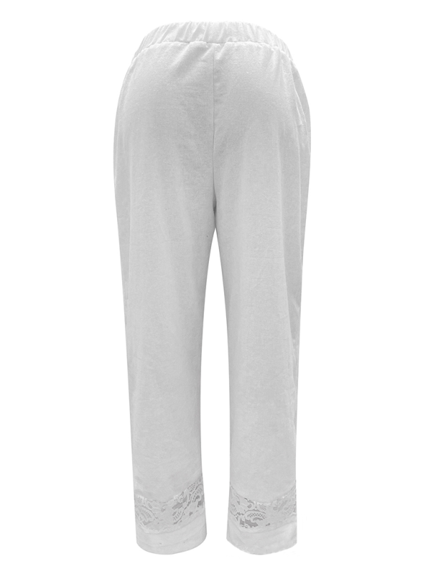 White elastic-waist pants with lace spliced button design from New Lace Spliced collection