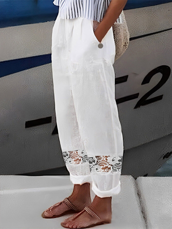 White linen pants with patterned cuffs from New Lace Spliced Button Elastic Waist collection