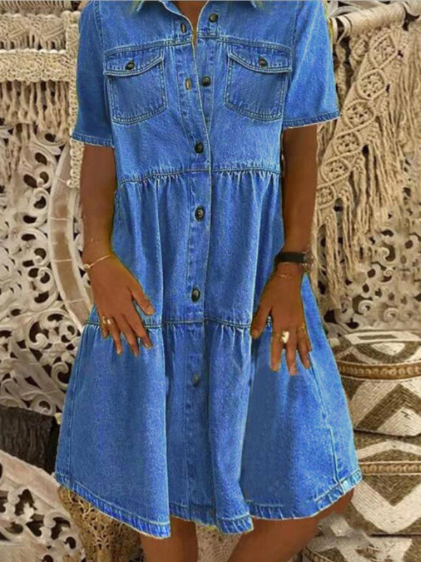 New Ladies Lapel Short Sleeve Button Mid Length Dress - Closther