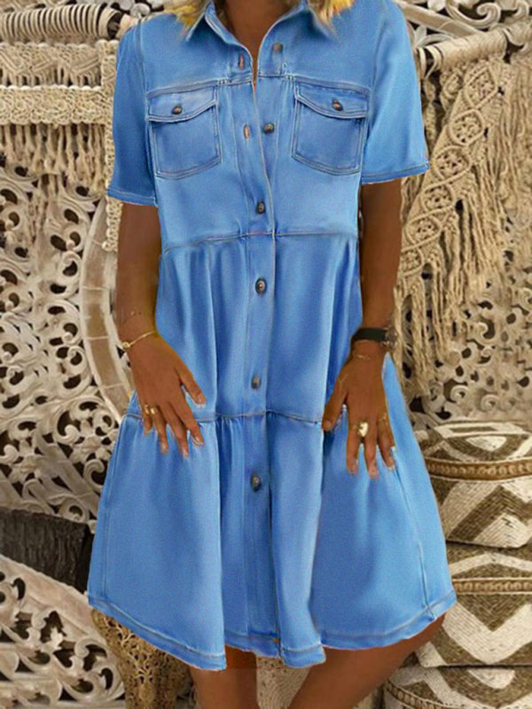New Ladies Lapel Short Sleeve Button Mid Length Dress - Closther