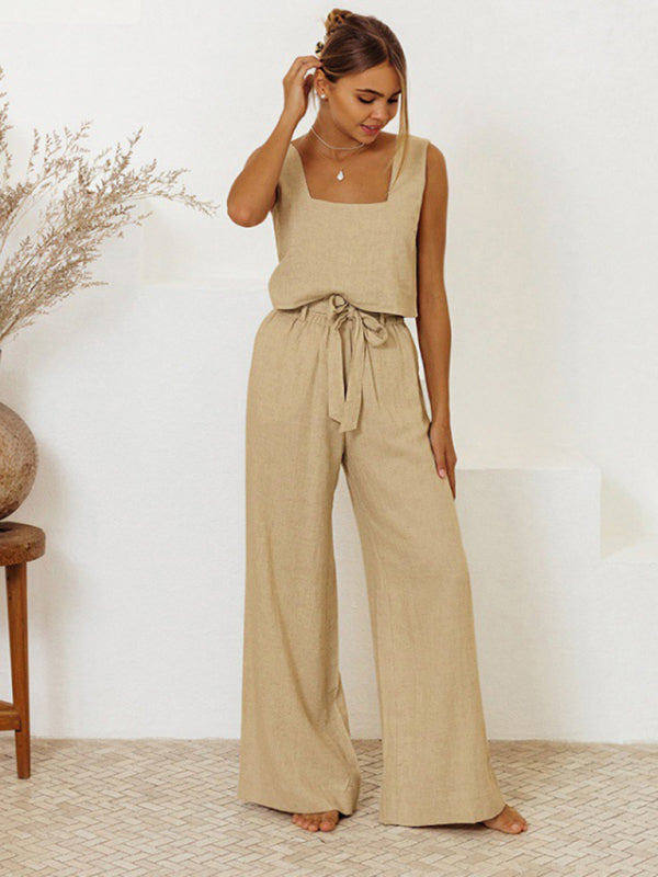 New Ladies Vest Sleeveless Trousers Loose Suit Fashion Suit - Khaki / S