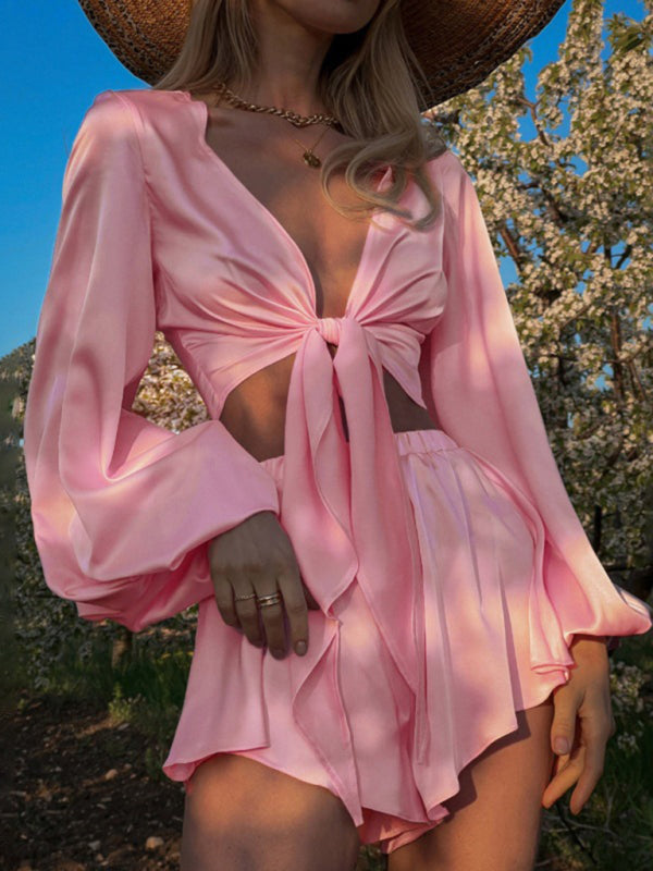 New lantern sleeve V-neck top vacation style sexy navel-baring strappy shorts set - Pink / S