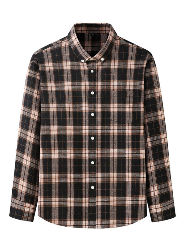 New Large Size Men’s Brushed Long Sleeve Shirt Casual Plaid Long Sleeve Shirt - Coffee / L