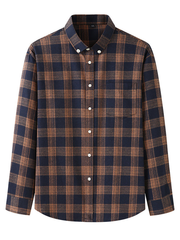 New Large Size Men’s Brushed Long Sleeve Shirt Casual Plaid Long Sleeve Shirt - Pattern1 / L