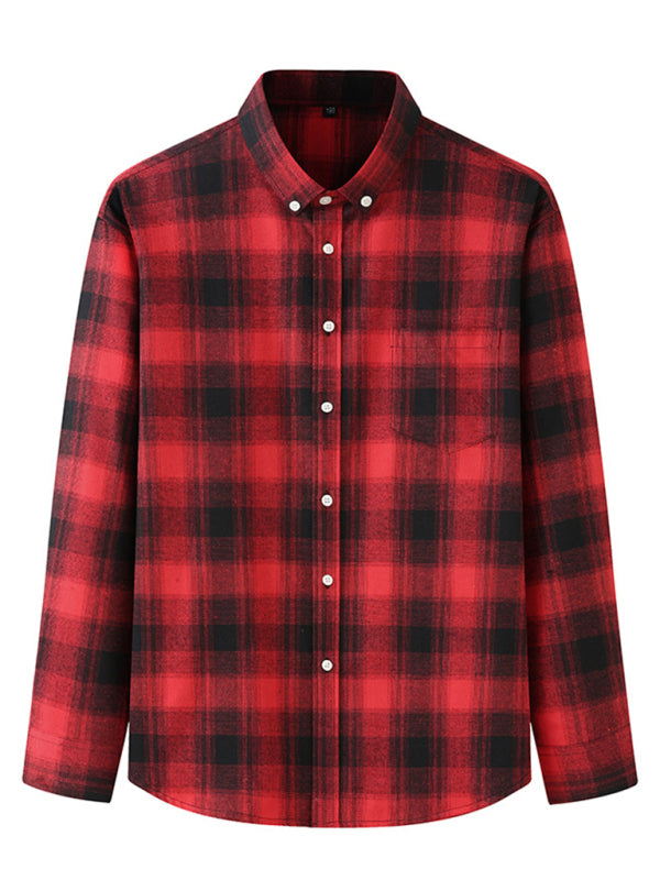 New Large Size Men’s Brushed Long Sleeve Shirt Casual Plaid Long Sleeve Shirt - Red / L