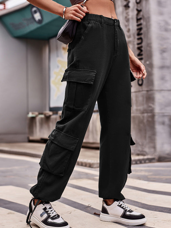 New loose drawstring design denim overalls casual sports - Black / S