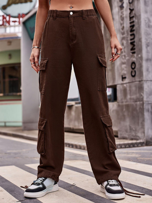 New loose drawstring design denim overalls casual sports - Coffee / S
