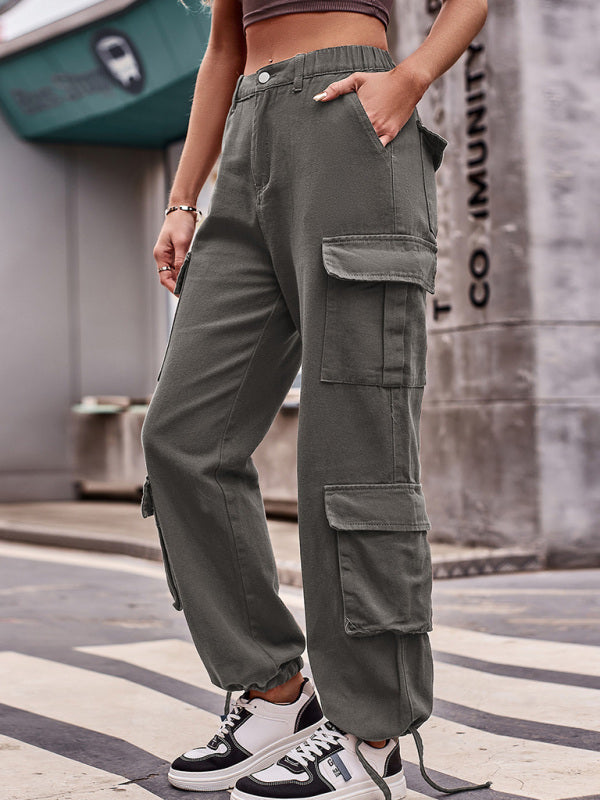 New loose drawstring design denim overalls casual sports - Grey / S