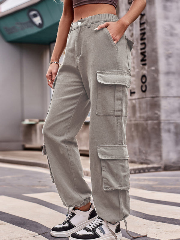 New loose drawstring design denim overalls casual sports - Khaki / S