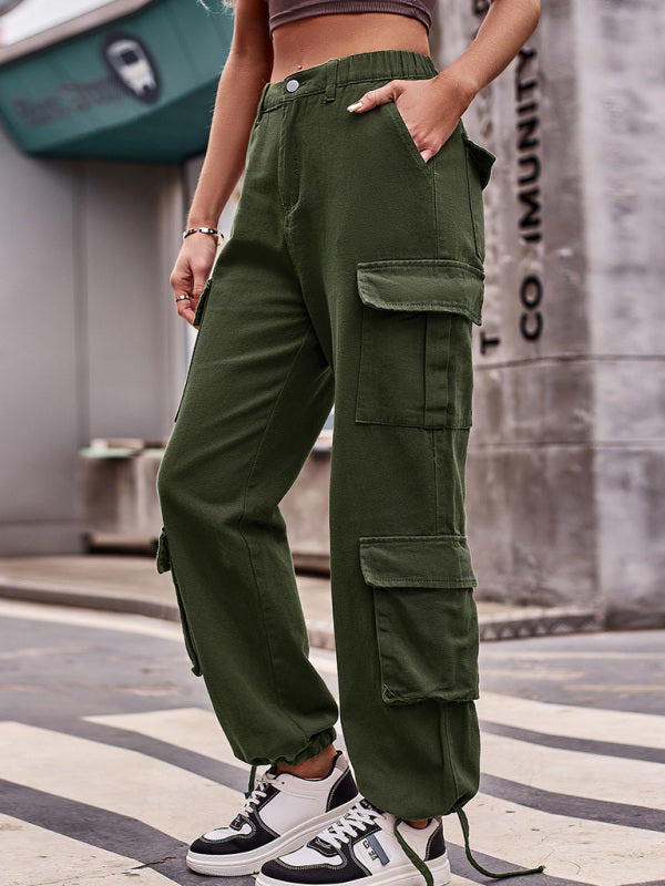New loose drawstring design denim overalls casual sports - Olive green / S