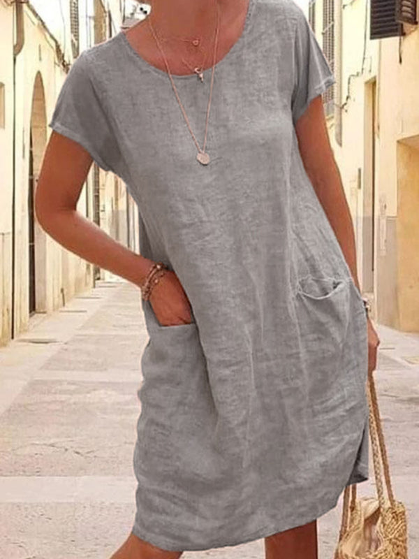 New Loose Solid Color Pocket Short Sleeve Round Neck Cotton Linen Dress - Grey / S