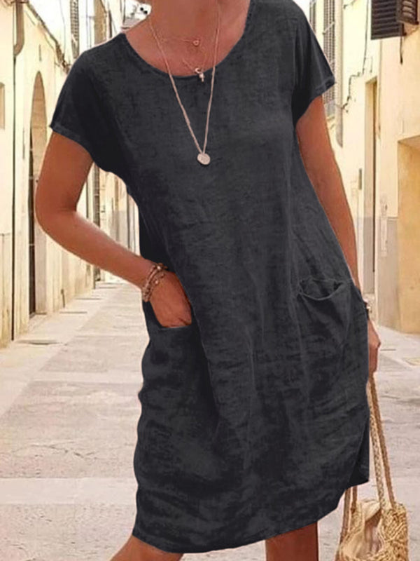 New Loose Solid Color Pocket Short Sleeve Round Neck Cotton Linen Dress - Black / S