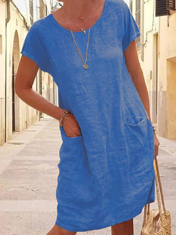 New Loose Solid Color Pocket Short Sleeve Round Neck Cotton Linen Dress - Clear blue / S