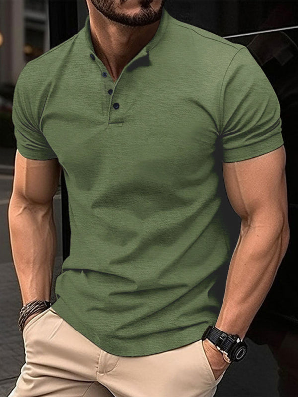 New Men’s Button Henley Collar Sports Polo Shirt - Olive green / S