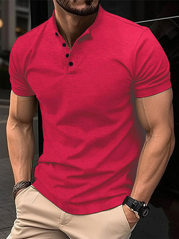 New Men’s Button Henley Collar Sports Polo Shirt - Wine Red / S