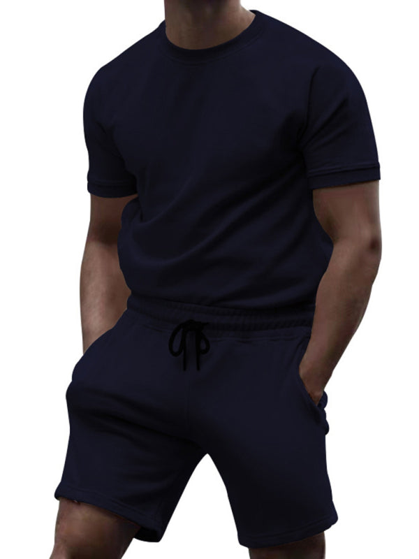New men’s casual fashion solid color short-sleeved T-shirt + quarter pants sports suit - Champlain color / M