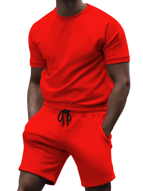 New men’s casual fashion solid color short-sleeved T-shirt + quarter pants sports suit - Red / M
