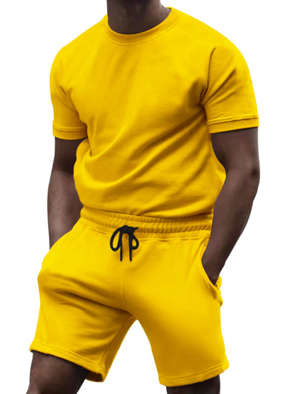 New men’s casual fashion solid color short-sleeved T-shirt + quarter pants sports suit - Yellow / M