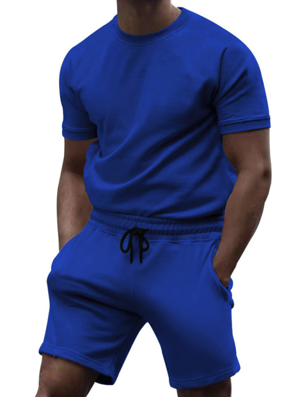 New men’s casual fashion solid color short-sleeved T-shirt + quarter pants sports suit - Royal blue / M