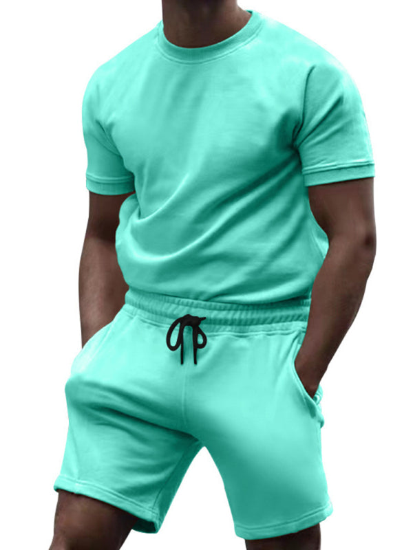 New men’s casual fashion solid color short-sleeved T-shirt + quarter pants sports suit - Acid blue / M