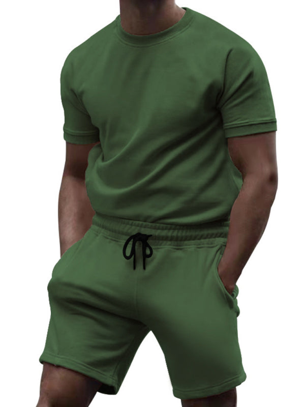 New men’s casual fashion solid color short-sleeved T-shirt + quarter pants sports suit - Green / M