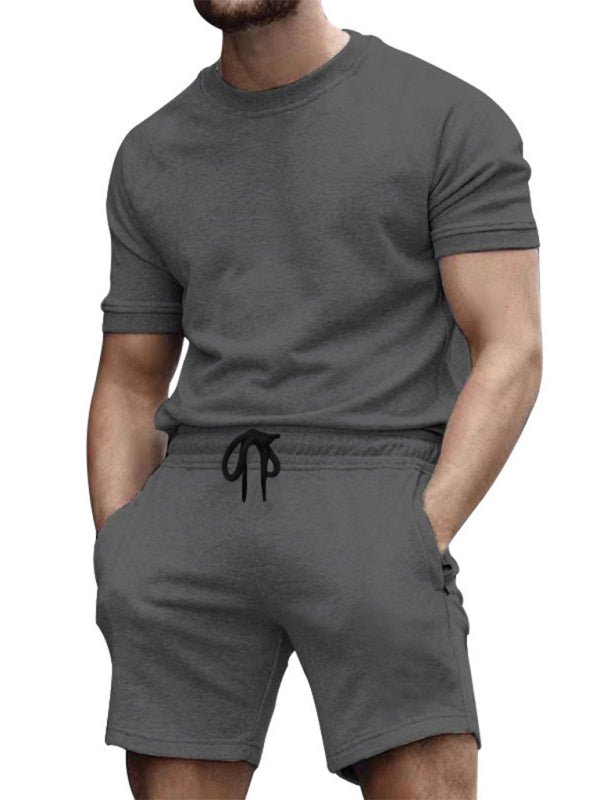 New men’s casual fashion solid color short-sleeved T-shirt + quarter pants sports suit - Charcoal grey / M