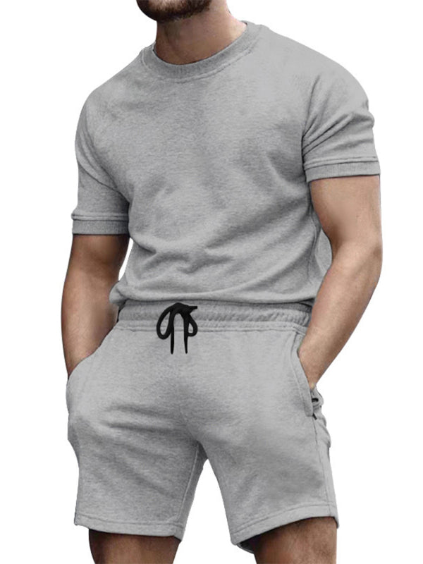 New men’s casual fashion solid color short-sleeved T-shirt + quarter pants sports suit - Misty grey / M