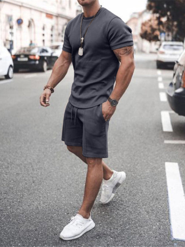 New Men’s Casual Solid Color Short Sleeve Shorts Two-Piece Set - Charcoal grey / S