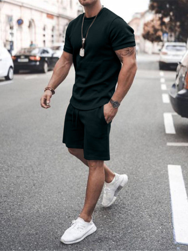 New Men’s Casual Solid Color Short Sleeve Shorts Two-Piece Set - Black / S