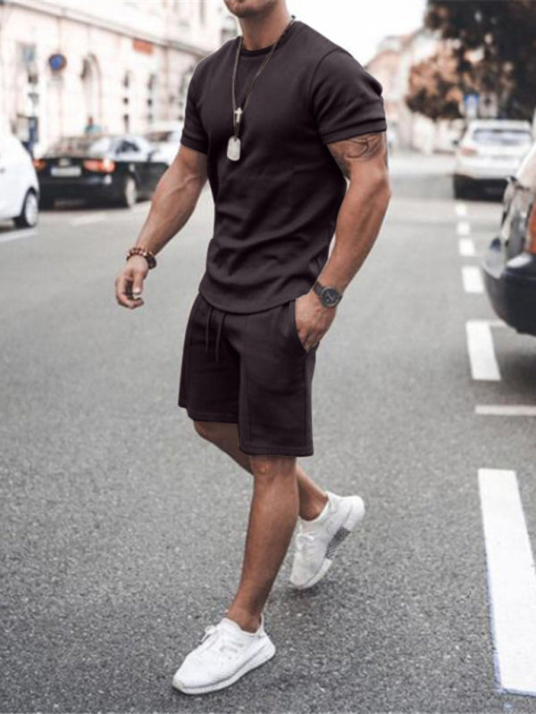 New Men’s Casual Solid Color Short Sleeve Shorts Two-Piece Set - Coffee / XL