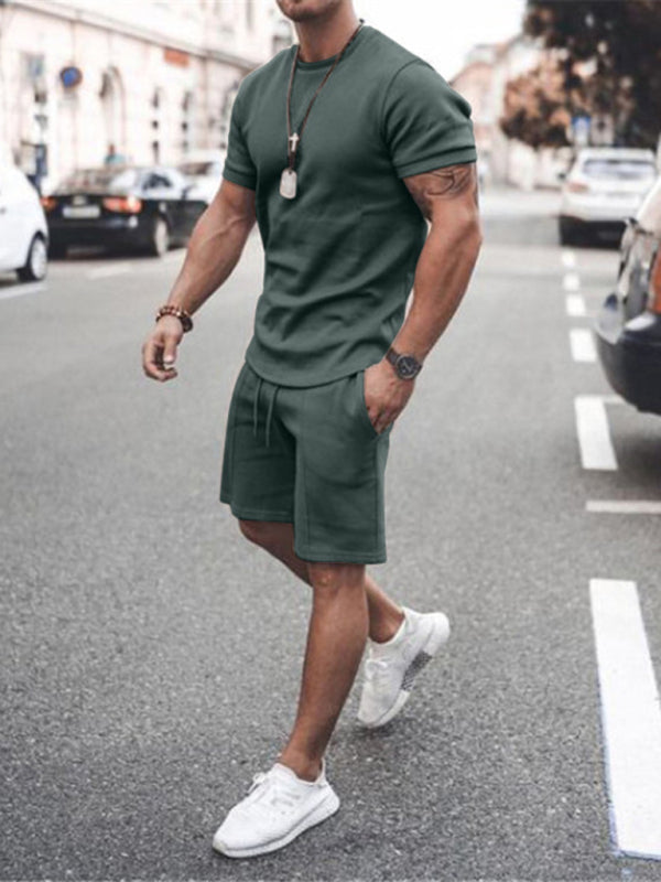 New Men’s Casual Solid Color Short Sleeve Shorts Two-Piece Set - Grey green / S