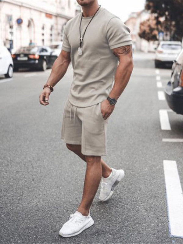 New Men’s Casual Solid Color Short Sleeve Shorts Two-Piece Set - Khaki / S