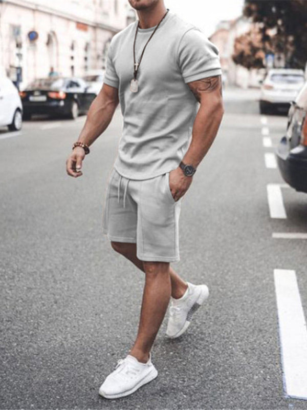 New Men’s Casual Solid Color Short Sleeve Shorts Two-Piece Set - Misty grey / S