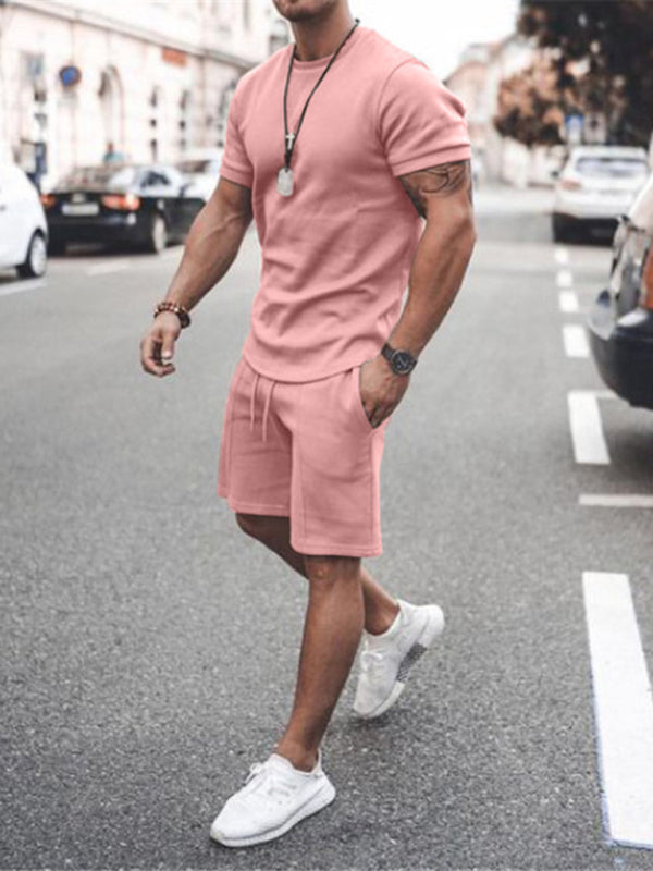 New Men’s Casual Solid Color Short Sleeve Shorts Two-Piece Set - Pink / S