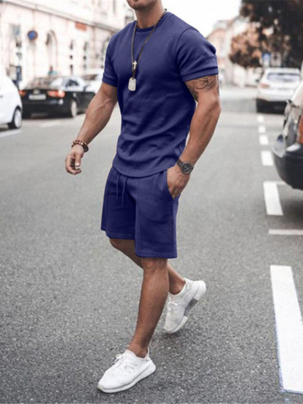 New Men’s Casual Solid Color Short Sleeve Shorts Two-Piece Set - Purple / S
