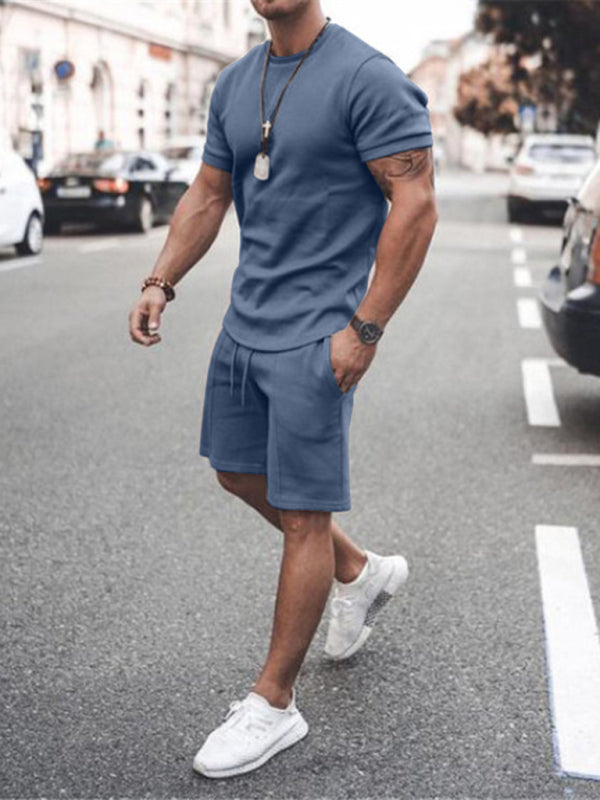 New Men’s Casual Solid Color Short Sleeve Shorts Two-Piece Set - Royal blue / S
