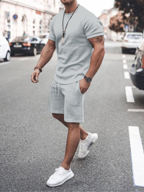 New Men’s Casual Solid Color Short Sleeve Shorts Two-Piece Set - White / S