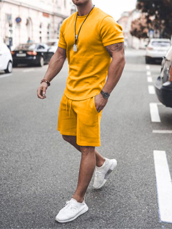 New Men’s Casual Solid Color Short Sleeve Shorts Two-Piece Set - Yellow / S