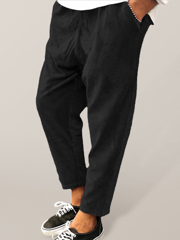 New Men’s Corduroy Loose Casual Straight Cropped Pants - Black / S