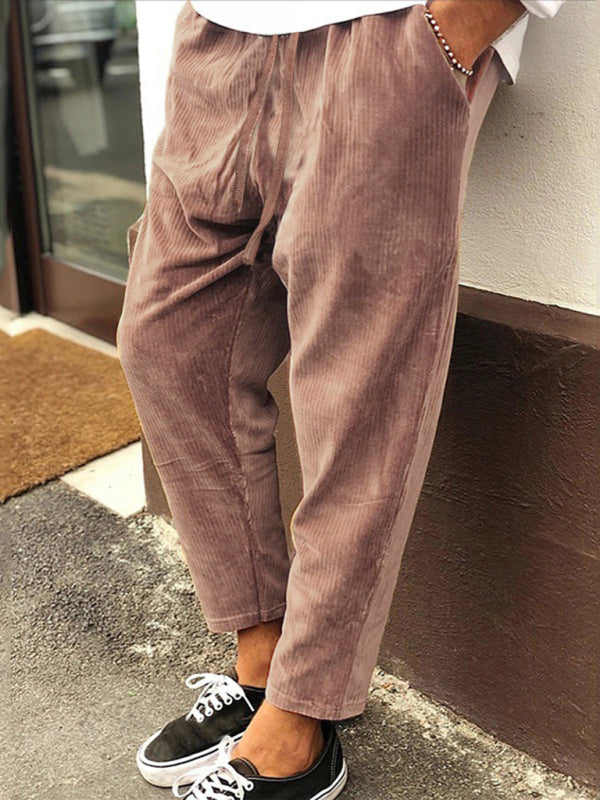 New Men’s Corduroy Loose Casual Straight Cropped Pants - Brown / S