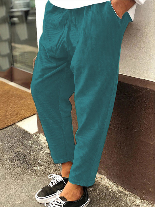 New Men’s Corduroy Loose Casual Straight Cropped Pants - Green / S